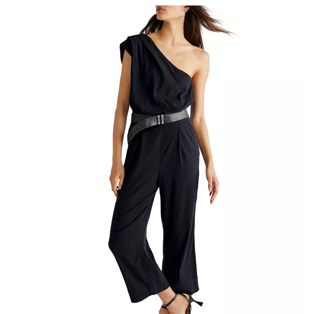 So cute! One-Shoulder Black Free People Avery Wide-Leg Jumpsuit, 2, NWT